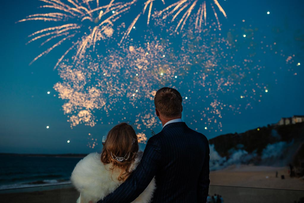Beach wedding fireworks at Carbis Bay Hotel